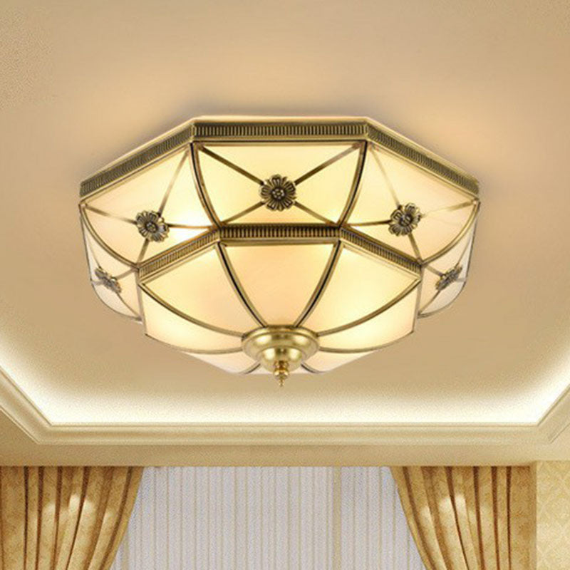 Traditional Frosted Glass Bedroom Flushmount Ceiling Lamp With Brass Basket Design