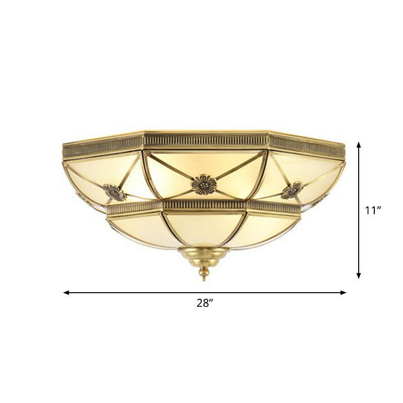 Traditional Frosted Glass Bedroom Flushmount Ceiling Lamp With Brass Basket Design
