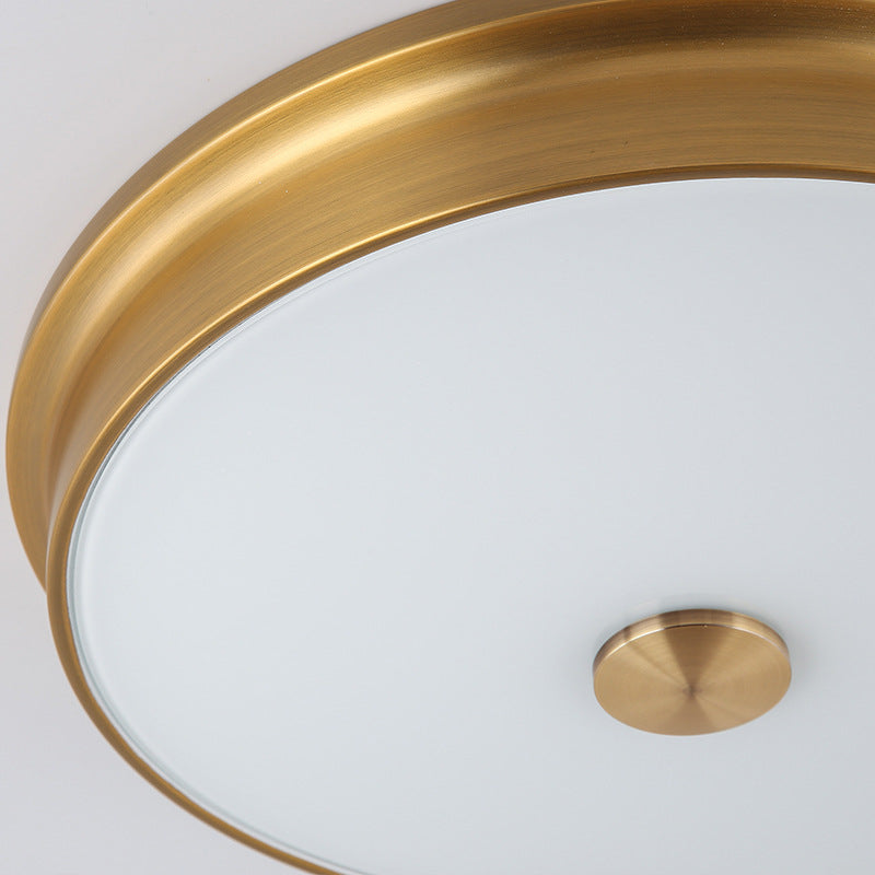 Led Drum Flush Mount Lighting White Glass Ceiling Fixture For Living Room In Warm/White Light