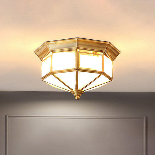 Frosted Glass Cap Ceiling Light With Brass Mount - Minimalist 2 - Bulb Flush Fixture For Corridors