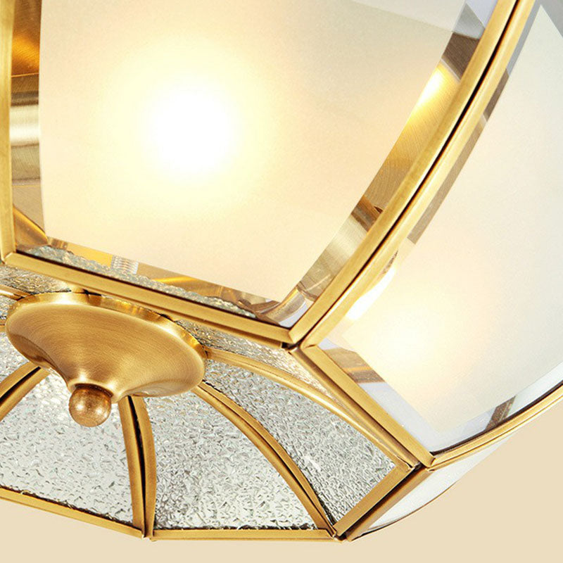 Colonial Style Ceiling Mounted Lamp With Brass Finish And Frost Glass Recessed Shade
