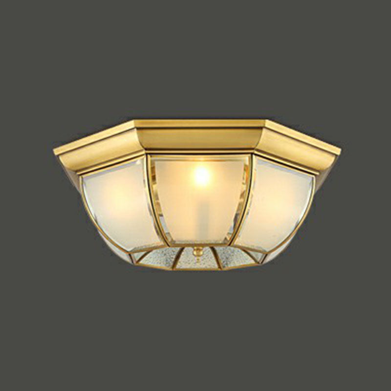 Brass Flushmount Light With Minimalist Bowl Shape & Frosted Glass Pane Sleek Ceiling Fixture / 19.5