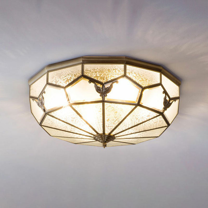 Vintage Brass Round Frosted Glass Flush-Mount Bedroom Ceiling Light Fixture