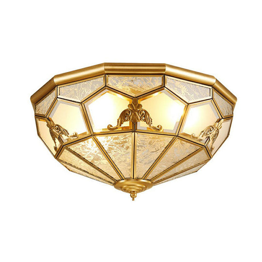 Traditional Brass Flush Ceiling Light Fixture With Frosted Glass Panes - Ideal For Bedrooms
