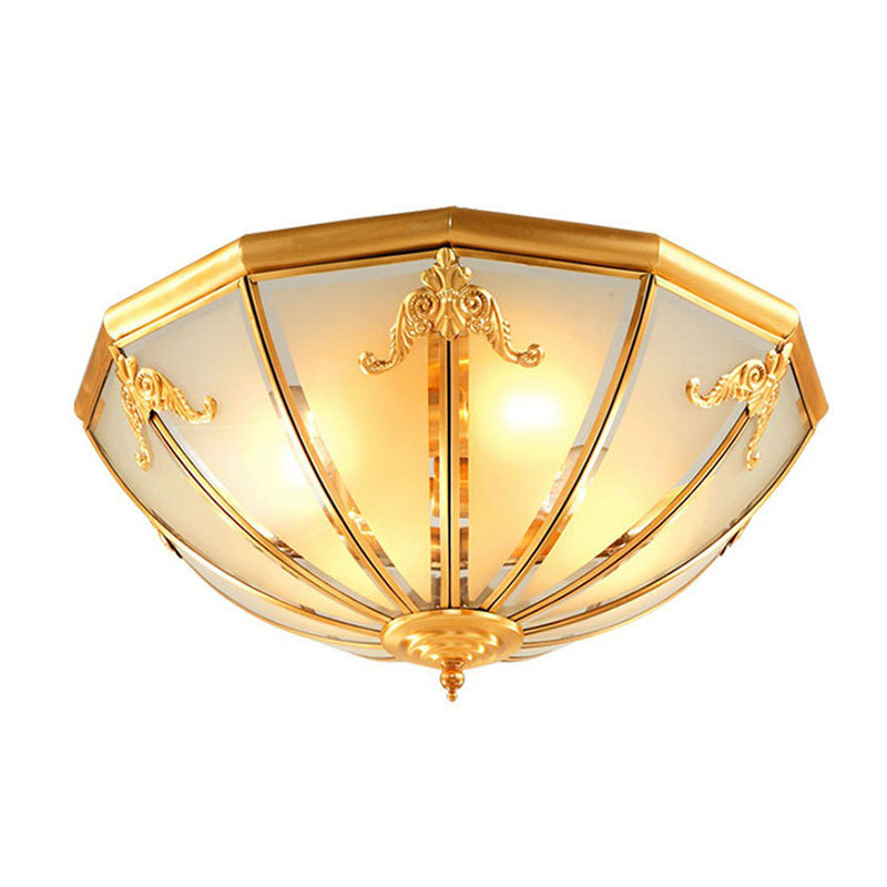 Colonial Style 3-Light Hemispherical Brass Ceiling Light With Frosted White Glass - Flush Mount Lamp