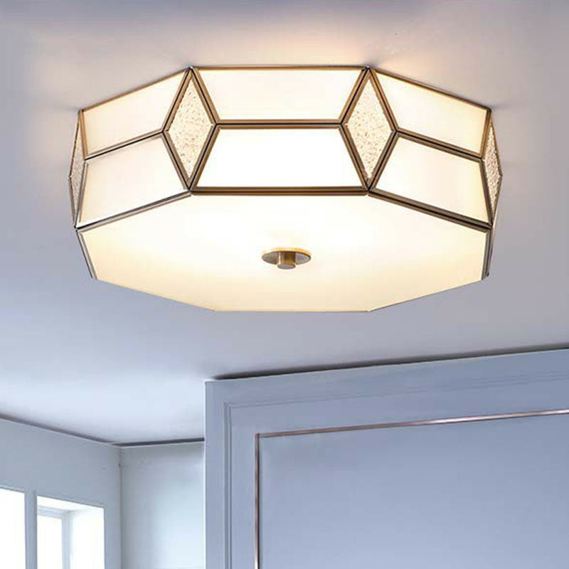 Minimalistic Brass Frost Glass Flush Mount Light For Bedroom: Geometric Ceiling Fixture
