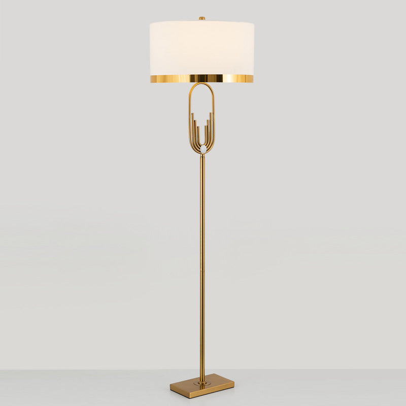 Vintage Brass Fabric Drum Floor Lamp - Single Bulb Standing Lighting For Living Room