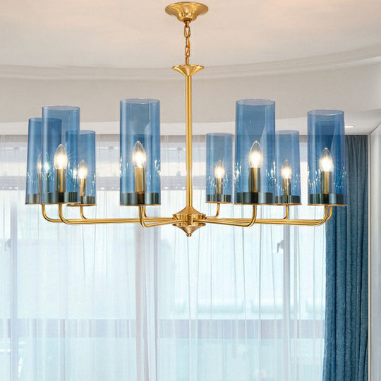 Modern Brass Pendant Light: Tubular Up Chandelier For Living Room - Glass Hanging Fixture 10 / Blue