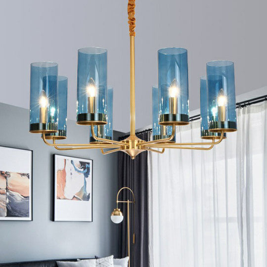 Modern Brass Pendant Light: Tubular Up Chandelier For Living Room - Glass Hanging Fixture 8 / Blue