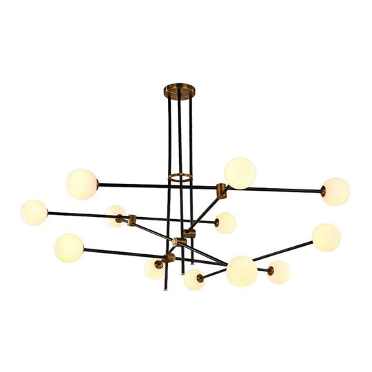 Sleek Black Metal Linear Chandelier With Ball White Glass Shade - Perfect For Living Room Pendant