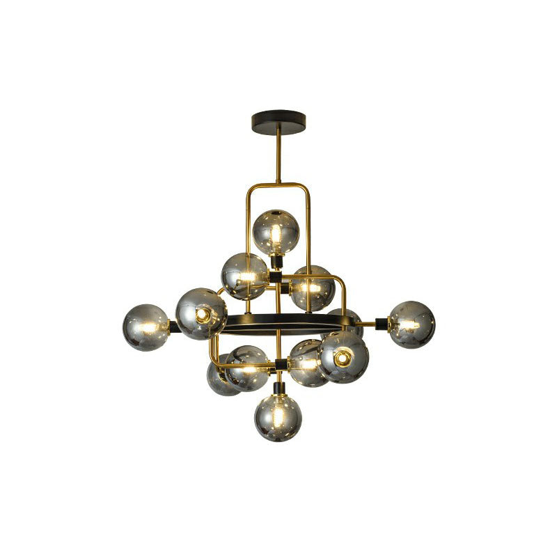 Modern Black And Brass Glass 3D Atomic Chandelier: 12-Bulb Suspension Light Smoke Gray