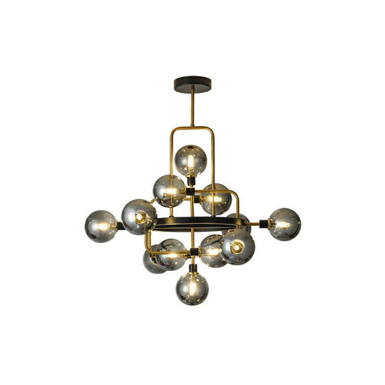 Modern Black And Brass Glass 3D Atomic Chandelier: 12-Bulb Suspension Light Smoke Gray