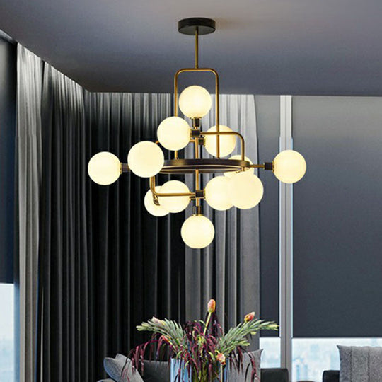 Modern Black And Brass Glass 3D Atomic Chandelier: 12-Bulb Suspension Light