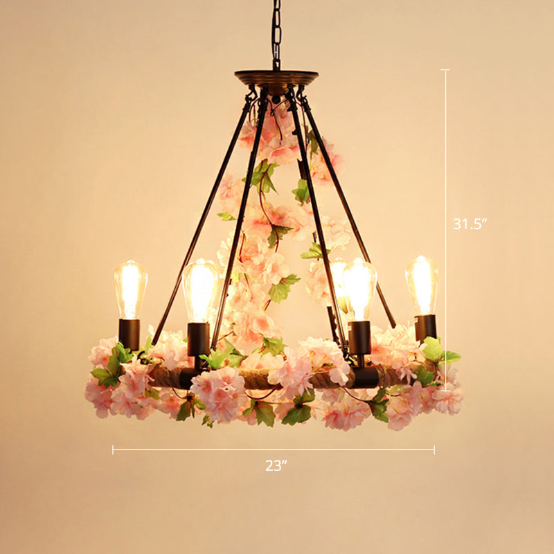 Farmhouse Wagon Wheel Chandelier With Plant Decor For Dining Room 6 / Pink