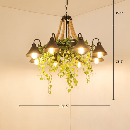 Conical Iron Chandelier - 8-Head Dining Room Hanging Lamp With Vine Decor Warehouse Styling