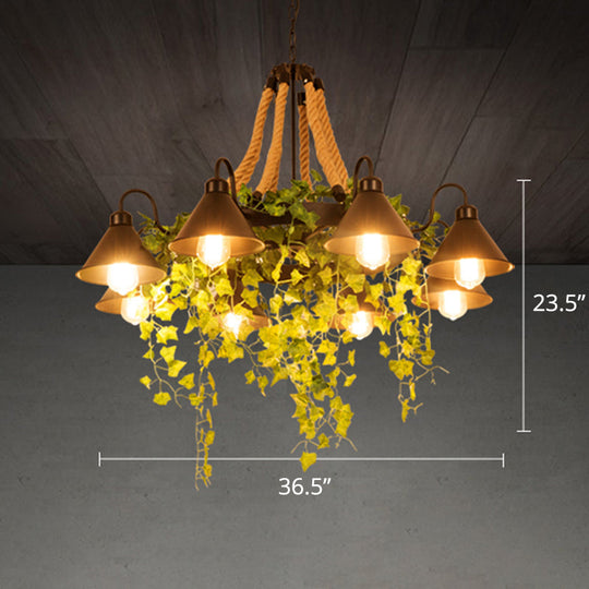 Conical Iron Chandelier - 8-Head Dining Room Hanging Lamp With Vine Decor Warehouse Styling