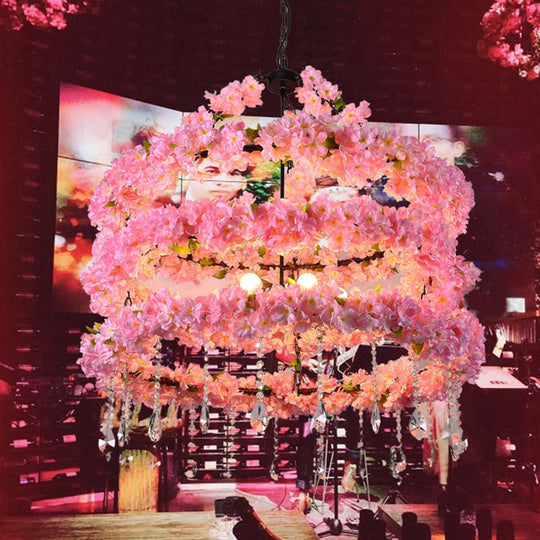 Cherry Wreath Chandelier - 6-Bulb Loft Style Pink Metallic Ceiling Light With Crystal Deco