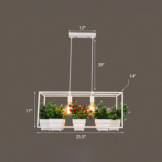 Metal 2-Head Rectangle Pendant Light Fixture For Restaurants With Hanging Artificial Bonsai