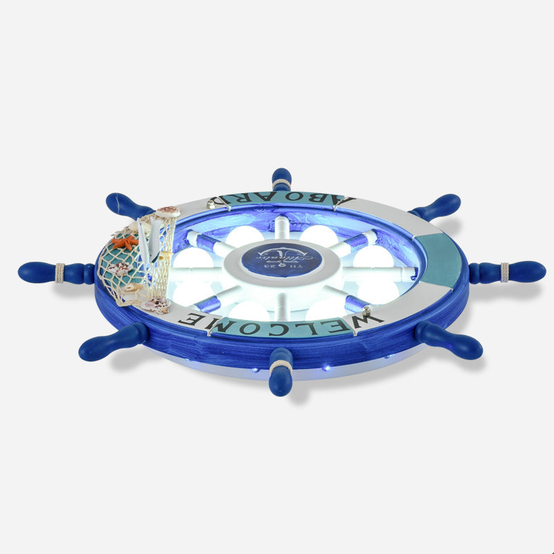 Kids Style 8 - Bulb Led Flush Ceiling Light - Rudder Wooden Flushmount With Fishnet Deco Dark Blue