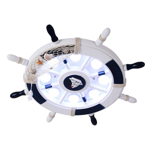 Kids Style 8 - Bulb Led Flush Ceiling Light - Rudder Wooden Flushmount With Fishnet Deco