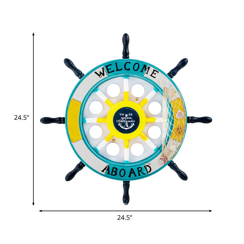 Kids Style 8 - Bulb Led Flush Ceiling Light - Rudder Wooden Flushmount With Fishnet Deco Blue /