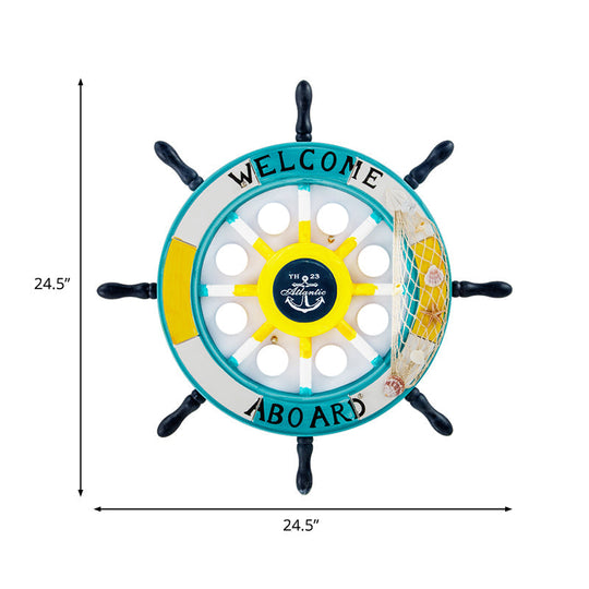 Kids Style 8 - Bulb Led Flush Ceiling Light - Rudder Wooden Flushmount With Fishnet Deco Blue /