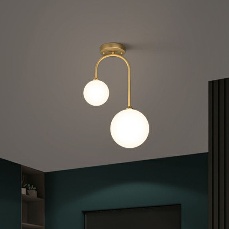 Sleek Gold Semi Flush Mount Ceiling Light With Minimalist Milky Glass - 2-Head Flushmount Lighting