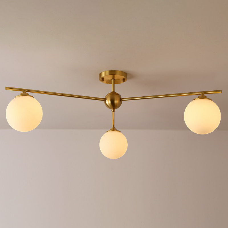 Simplicity Milk Glass Globe Semi Flush Mount Light - 3 - Bulb Antiqued Gold Ceiling Fixture / Large