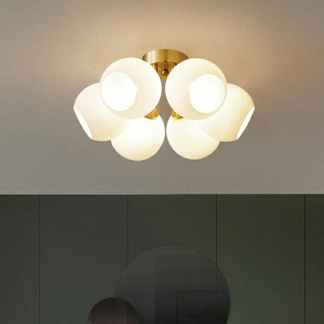 Gold Plated Semi-Flush Ceiling Light With Milky Glass Dome For Bedroom