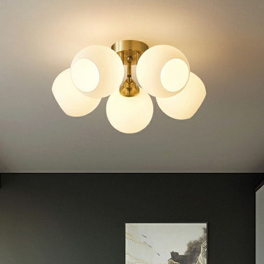 Gold Plated Semi - Flush Ceiling Light With Milky Glass Dome For Bedroom