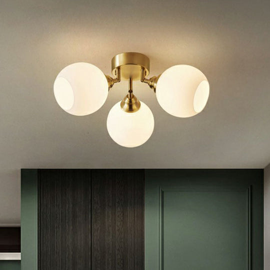 Gold Plated Semi - Flush Ceiling Light With Milky Glass Dome For Bedroom