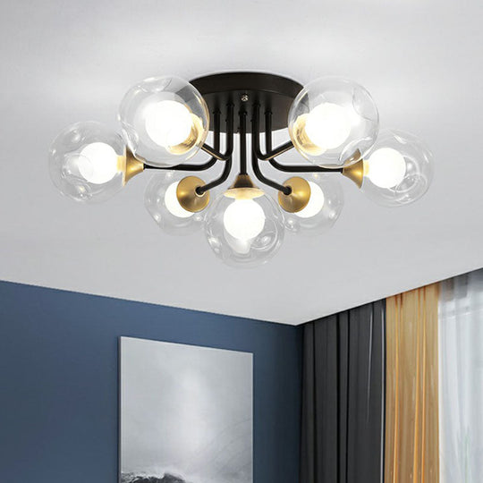 Modern Black Semi - Flush Mount Ceiling Light With Clear And Frosted White Glass Ball - Ideal For