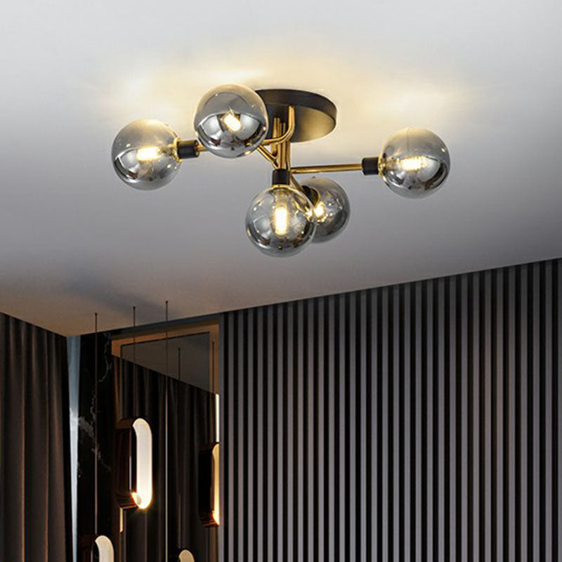 Black - Brass 5 - Light Glass Semi - Flush Mount Ceiling Lamp - Contemporary Ball Shaped Design For