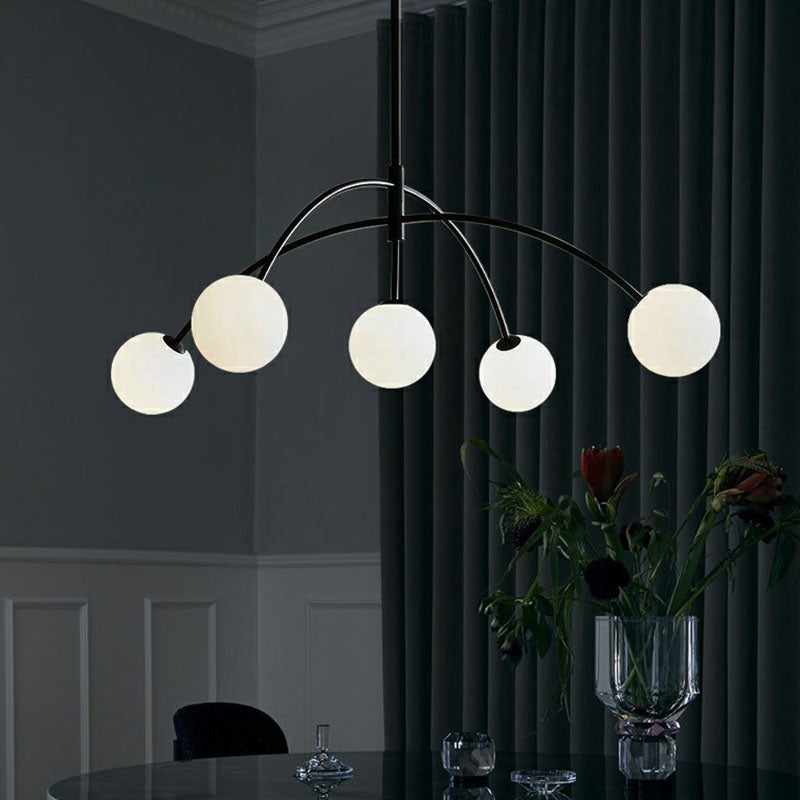 Modern Black Arc-Shaped Suspension Lamp With 5 Head Milky Ball Glass Chandelier - Dining Room