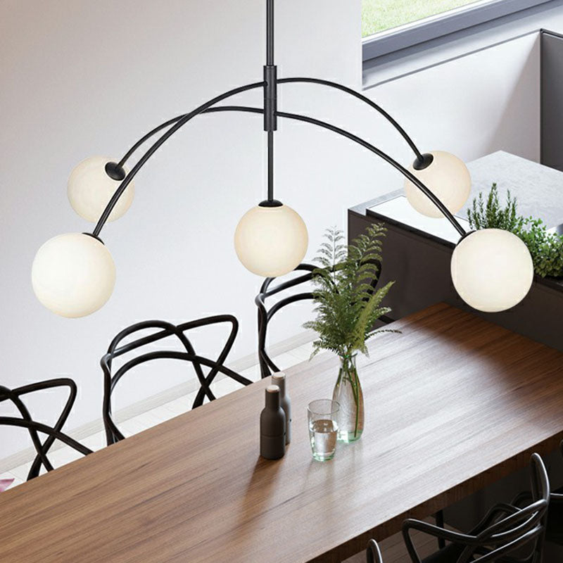 Modern Black Arc-Shaped Suspension Lamp With 5 Head Milky Ball Glass Chandelier - Dining Room