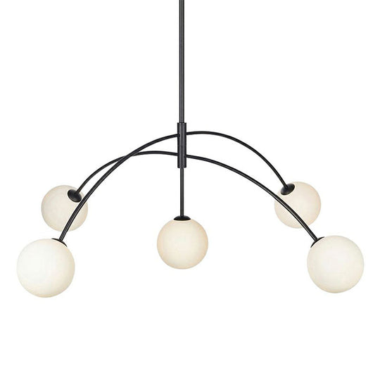 Modern Black Arc-Shaped Suspension Lamp With 5 Head Milky Ball Glass Chandelier - Dining Room