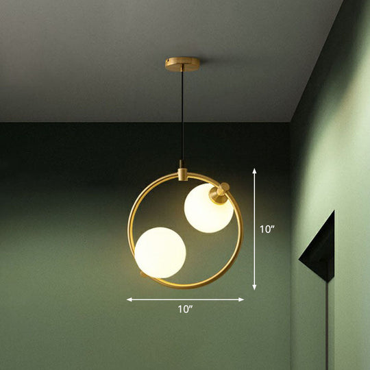 Opal Glass 2-Bulb Chandelier: Simple Style Gold Ceiling Light For Dining Room With Ring Deco / Small