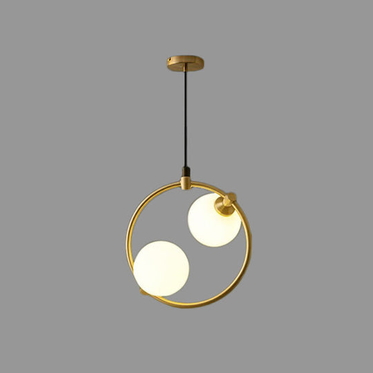 Opal Glass 2-Bulb Chandelier: Simple Style Gold Ceiling Light For Dining Room With Ring Deco