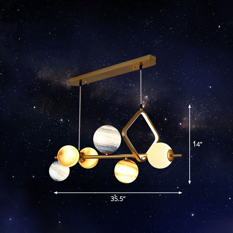 Gold Stained Glass Nordic Planet 7-Head Hanging Light For Dining Room