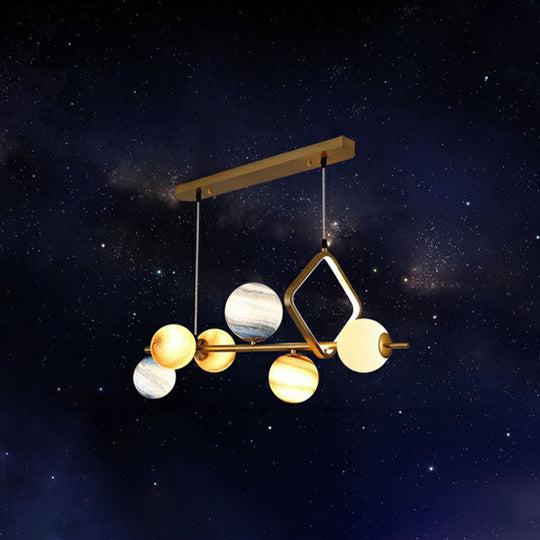 Gold Stained Glass Nordic Planet 7-Head Hanging Light For Dining Room