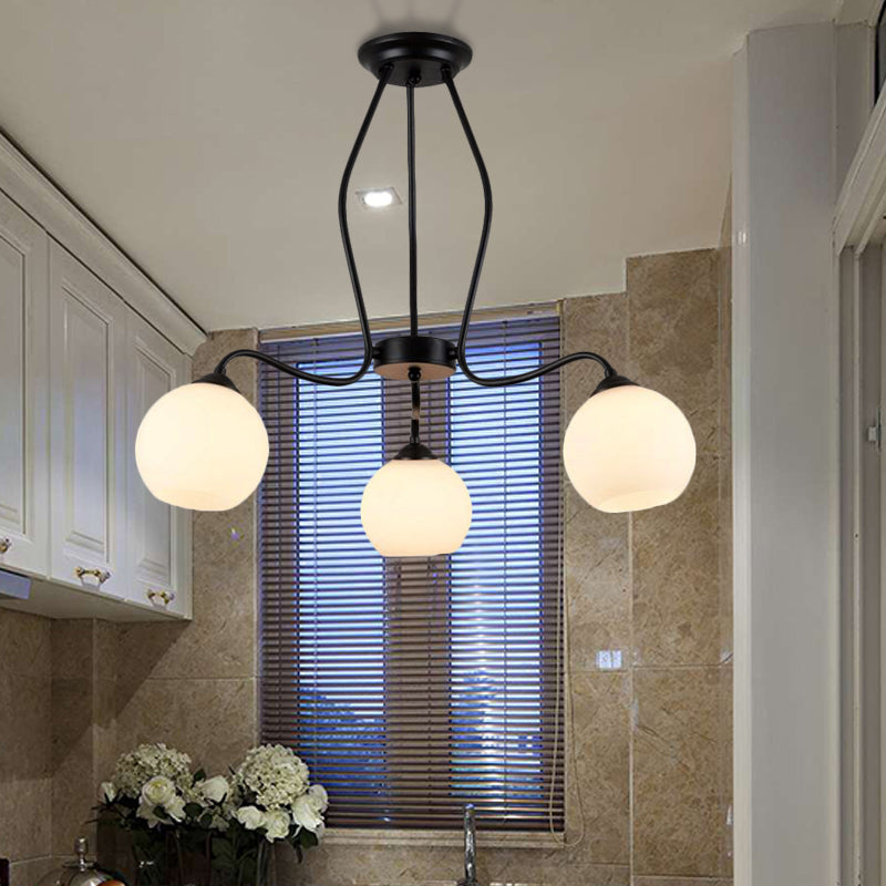 Traditional Black Semi Flush Ceiling Light Fixture With White Glass Shades - 3/6/8 Lights For