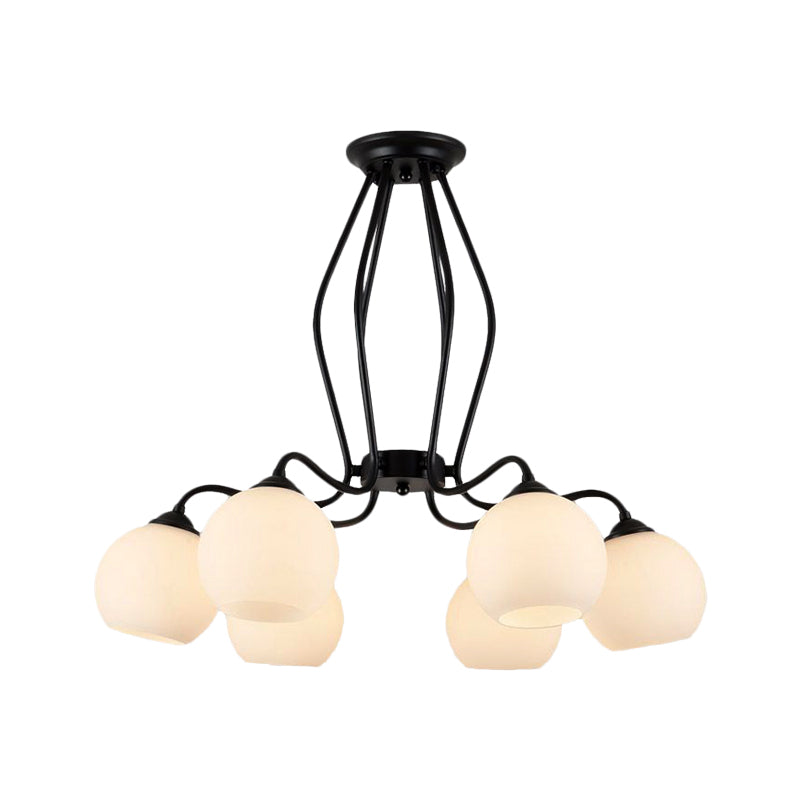 Traditional Black Semi Flush Ceiling Light Fixture With White Glass Shades - 3/6/8 Lights For