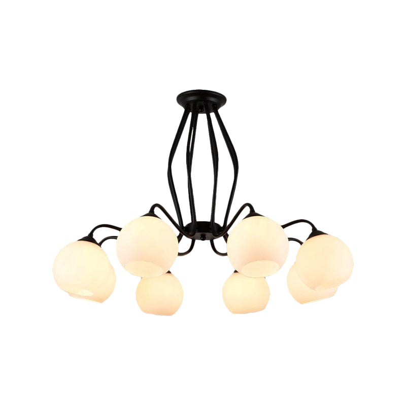 Traditional Black Semi Flush Ceiling Light Fixture With White Glass Shades - 3/6/8 Lights For