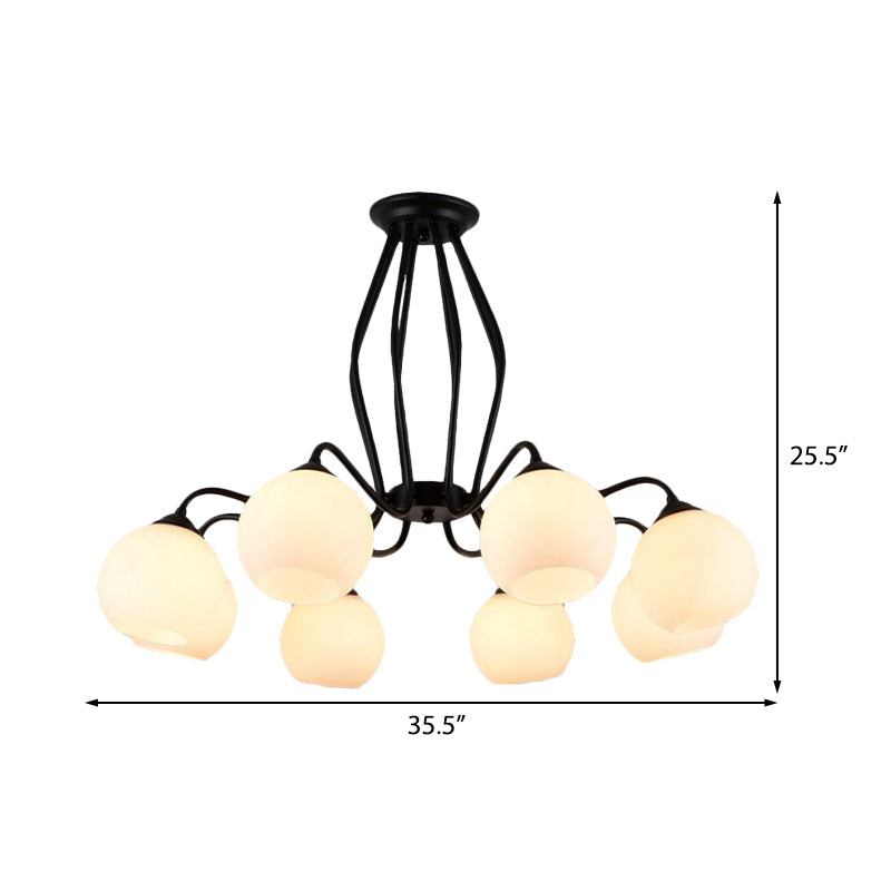 Traditional Black Semi Flush Ceiling Light Fixture With White Glass Shades - 3/6/8 Lights For