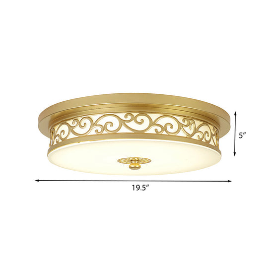 Gold Drum Flush Mount Led Lamp With Classic White Glass - Ideal Living Room Ceiling Light In Or Warm