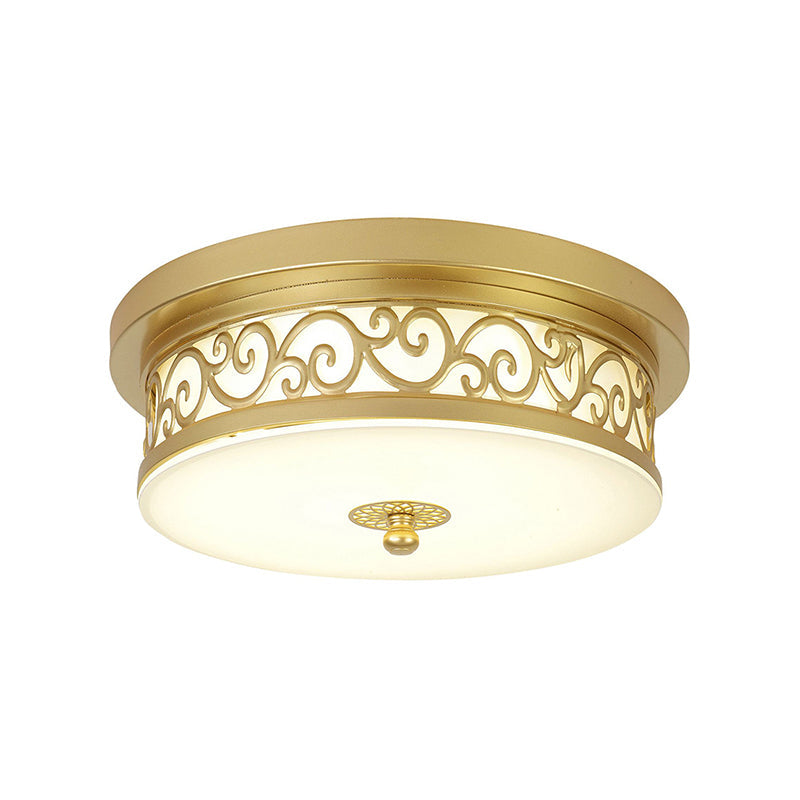 Gold Drum Flush Mount Led Lamp With Classic White Glass - Ideal Living Room Ceiling Light In Or Warm