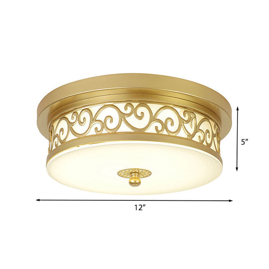 Gold Drum Flush Mount Led Lamp With Classic White Glass - Ideal Living Room Ceiling Light In Or Warm