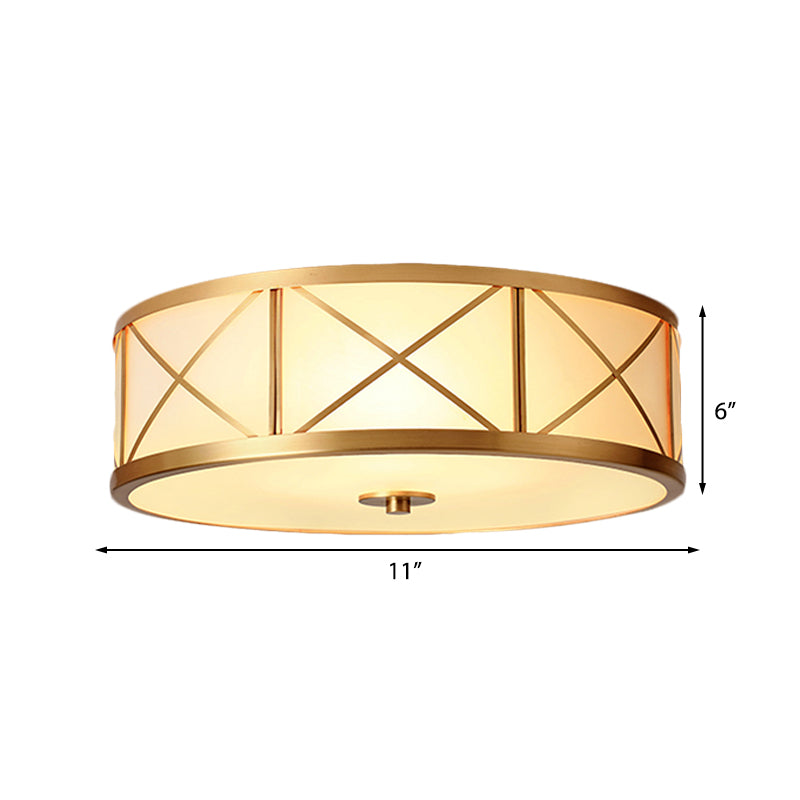 Traditional White Glass Drum Dining Room Flushmount Light With Brass Accent 4 Lights 11’/14’/18’ W