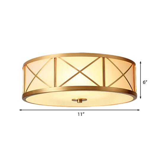 Traditional White Glass Drum Dining Room Flushmount Light With Brass Accent 4 Lights 11’/14’/18’ W