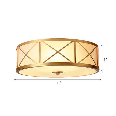Traditional White Glass Drum Dining Room Flushmount Light With Brass Accent 4 Lights 11/14/18 W